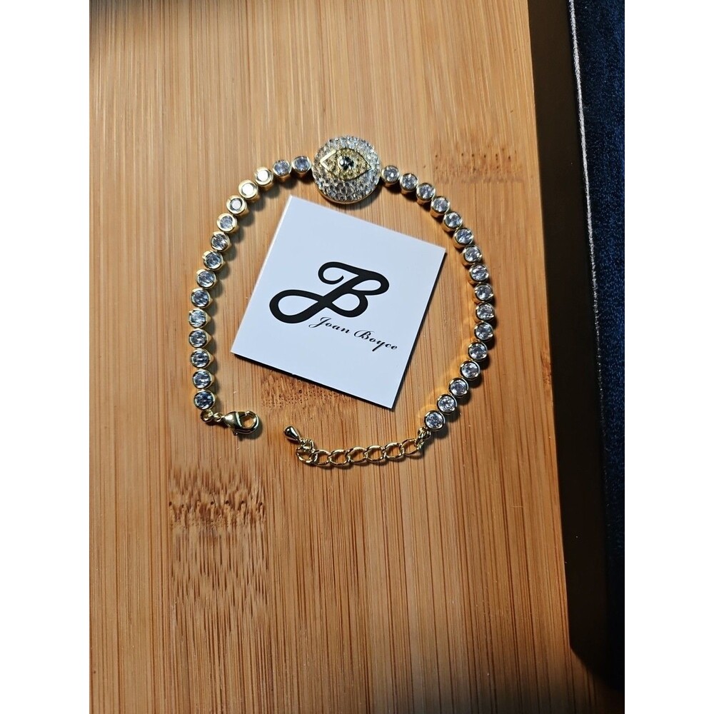 Joan Boyce Bracelet Evil Eye Angel Eye Talisman Rhinestone Bezel Set Gold Tone